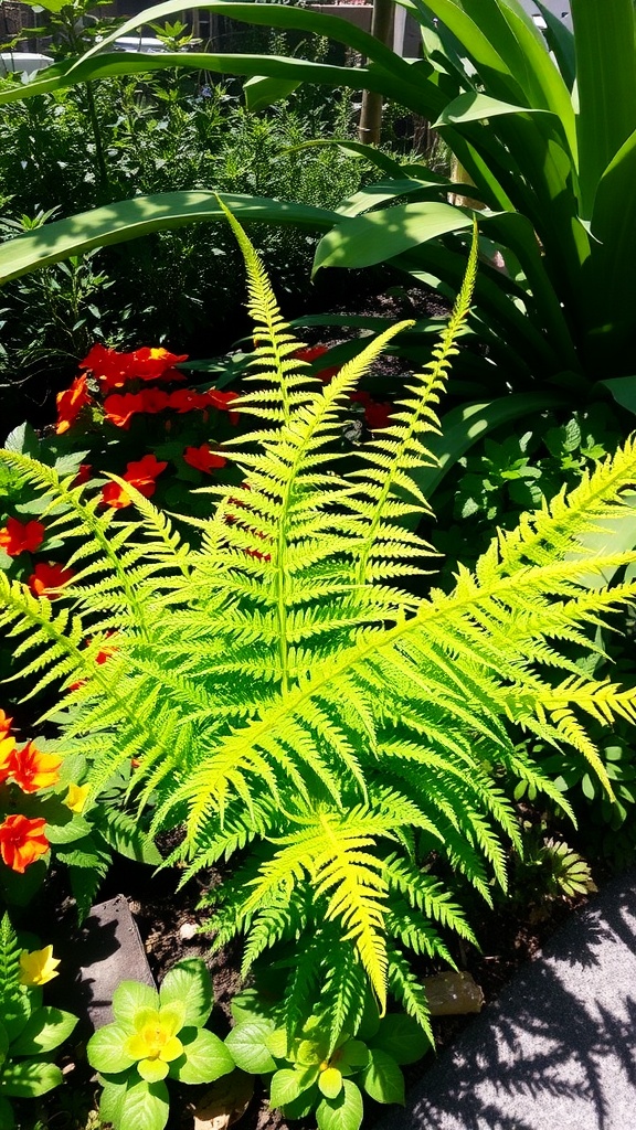 A vibrant garden with asparagus ferns and colorful flowering plants.